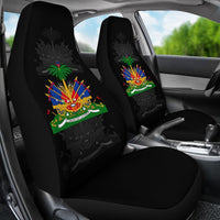 Two black car seat covers for front seats with Haiti multicolor emblem