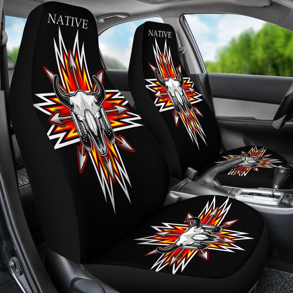 Front car seat cover with Native bison skull flameburst print and matching bottom seat