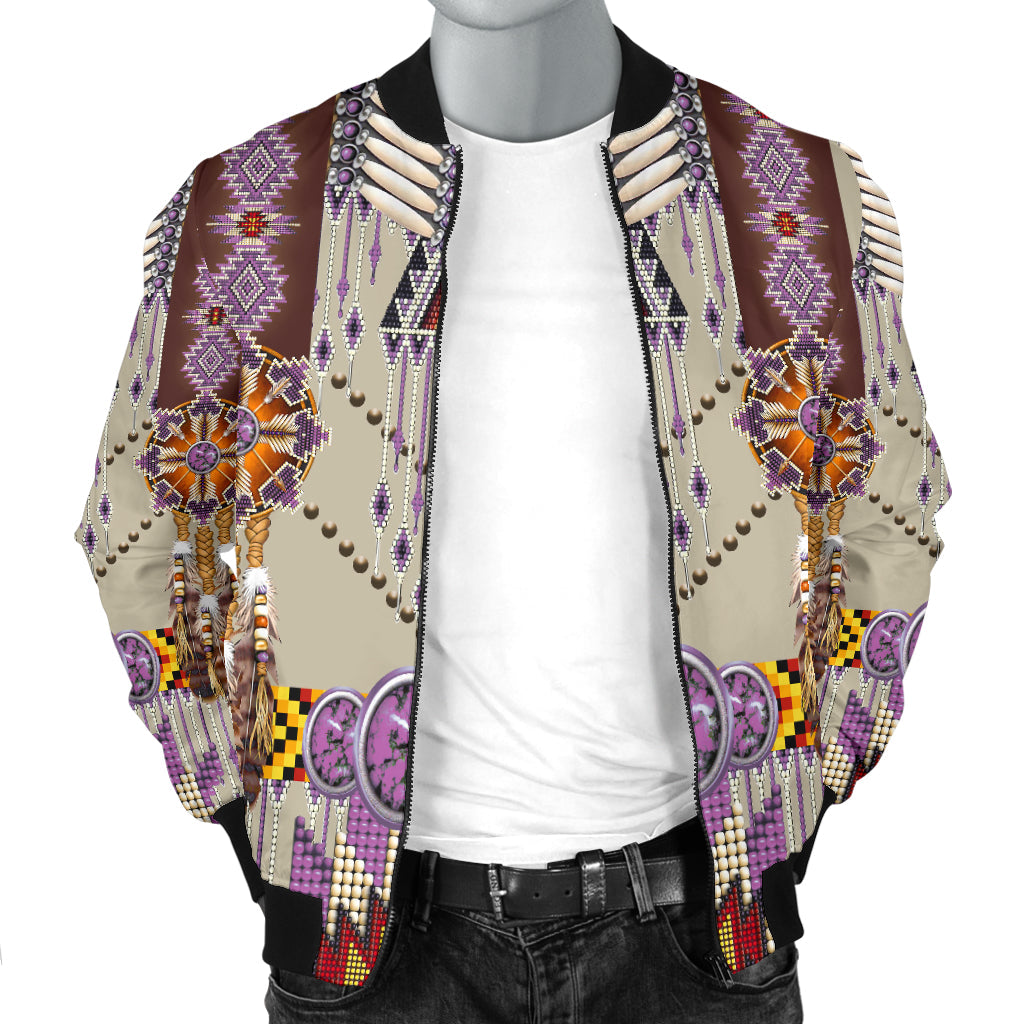Men's bomber jacket front with purple geometric prints, decorative bead trim and zip