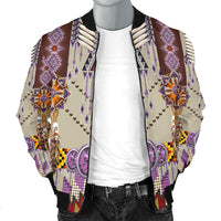 Men's bomber jacket front with purple geometric prints, decorative bead trim and zip