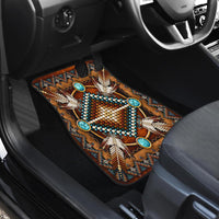 Front car mat close-up: brown Native mandala with turquoise oval stones and bead dots