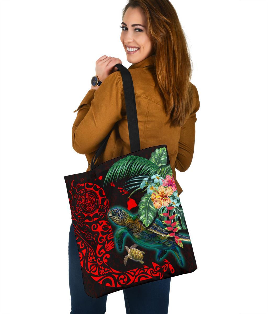 Tote bag front design: teal turtle, red tribal motifs, hibiscus flowers, palm leaves.