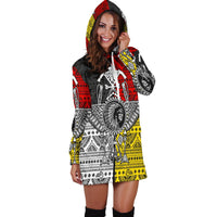 Red, black, white, and yellow printed hoodie dress with attached hood and drawstring ties