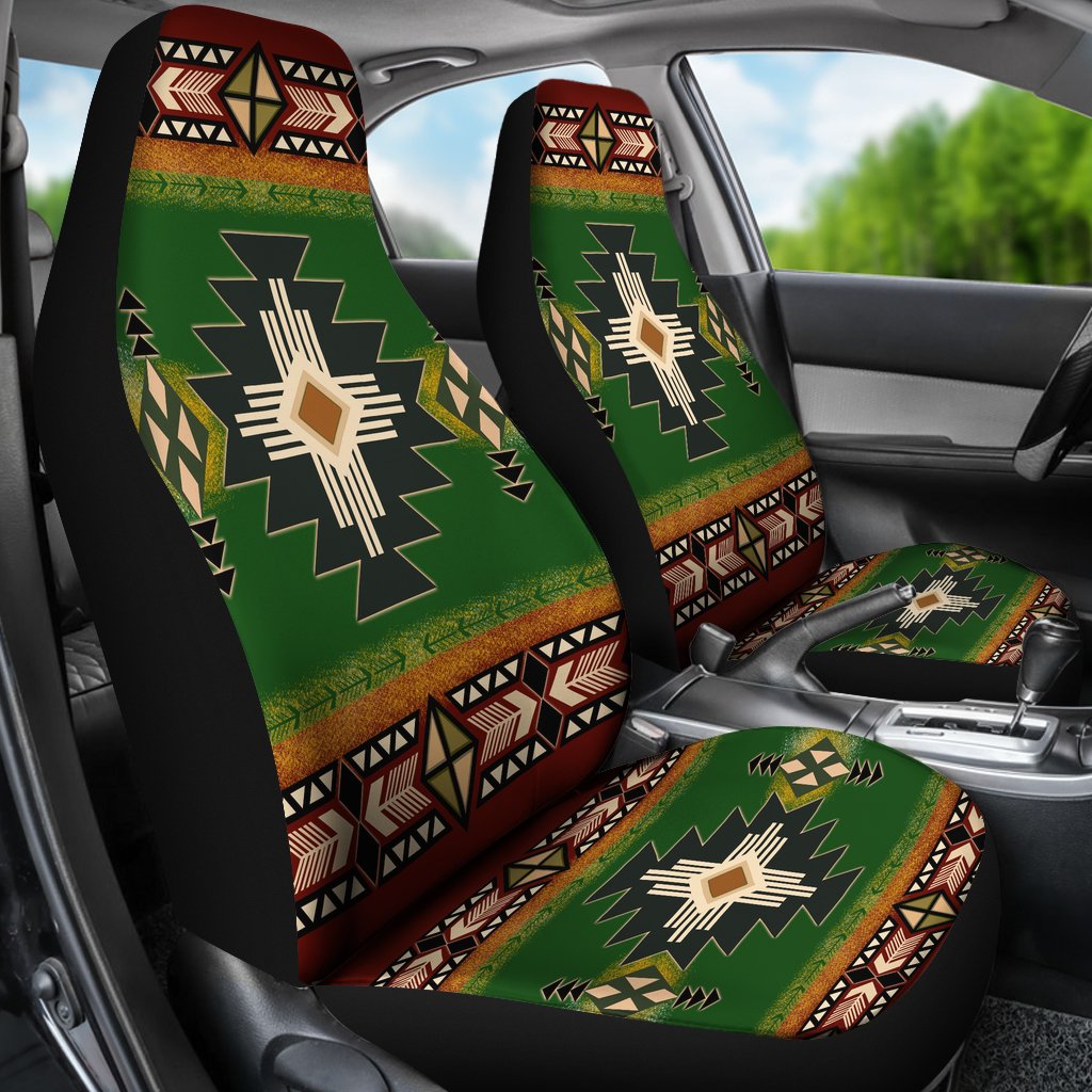Green car seat covers with Southwest cross/asterisk emblem and multicolor geometric banding