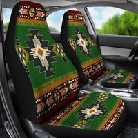 Green car seat covers with Southwest cross/asterisk emblem and multicolor geometric banding