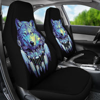Front seat covers in black with multicolor wolf dreamcatcher artwork