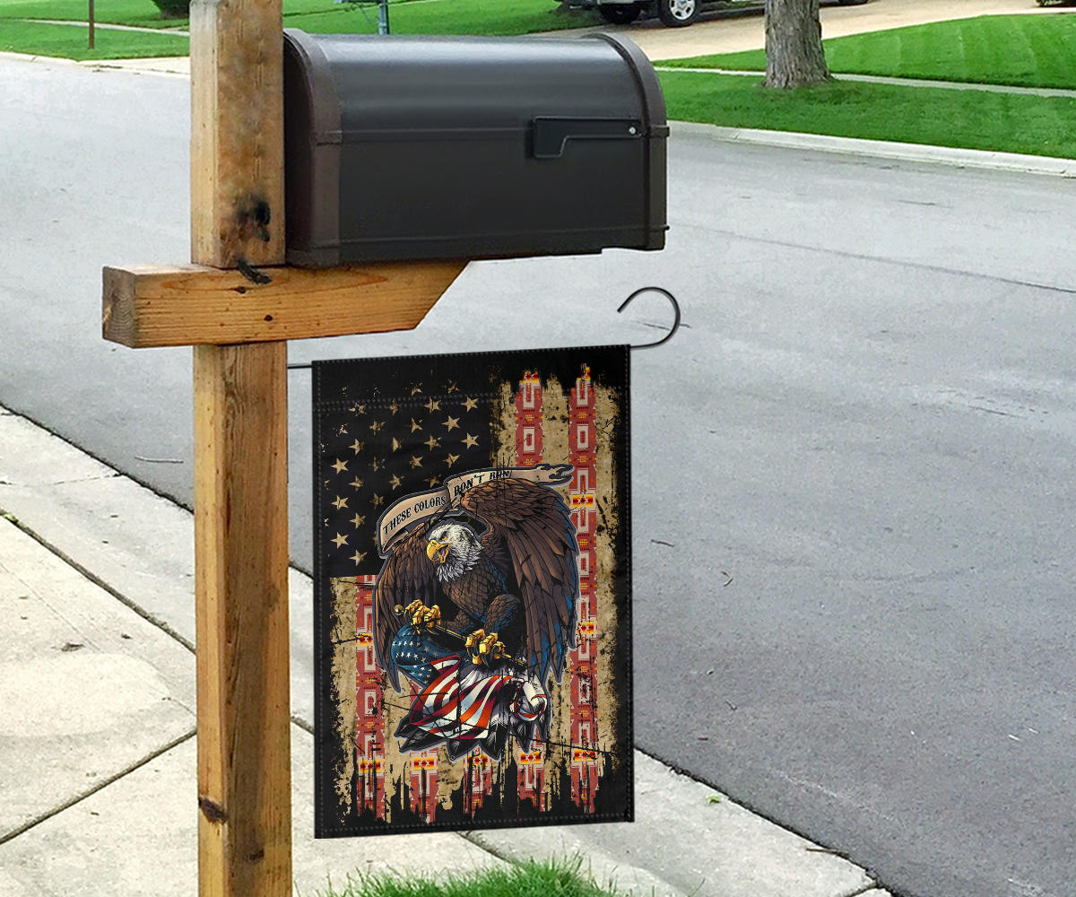 Garden flag decor featuring multicolor bald eagle with stars, ribbons, and red columns