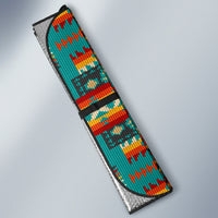 Folded auto sun shade for LT10, teal multicolor geometric pattern with black trim