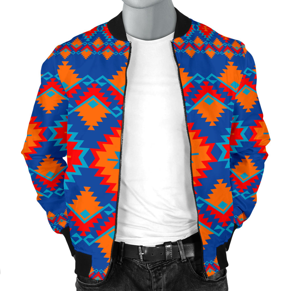 Men’s geometric bomber jacket with stand collar, colorful tribal print front zip, ribbed black trim