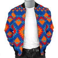 Men’s geometric bomber jacket with stand collar, colorful tribal print front zip, ribbed black trim