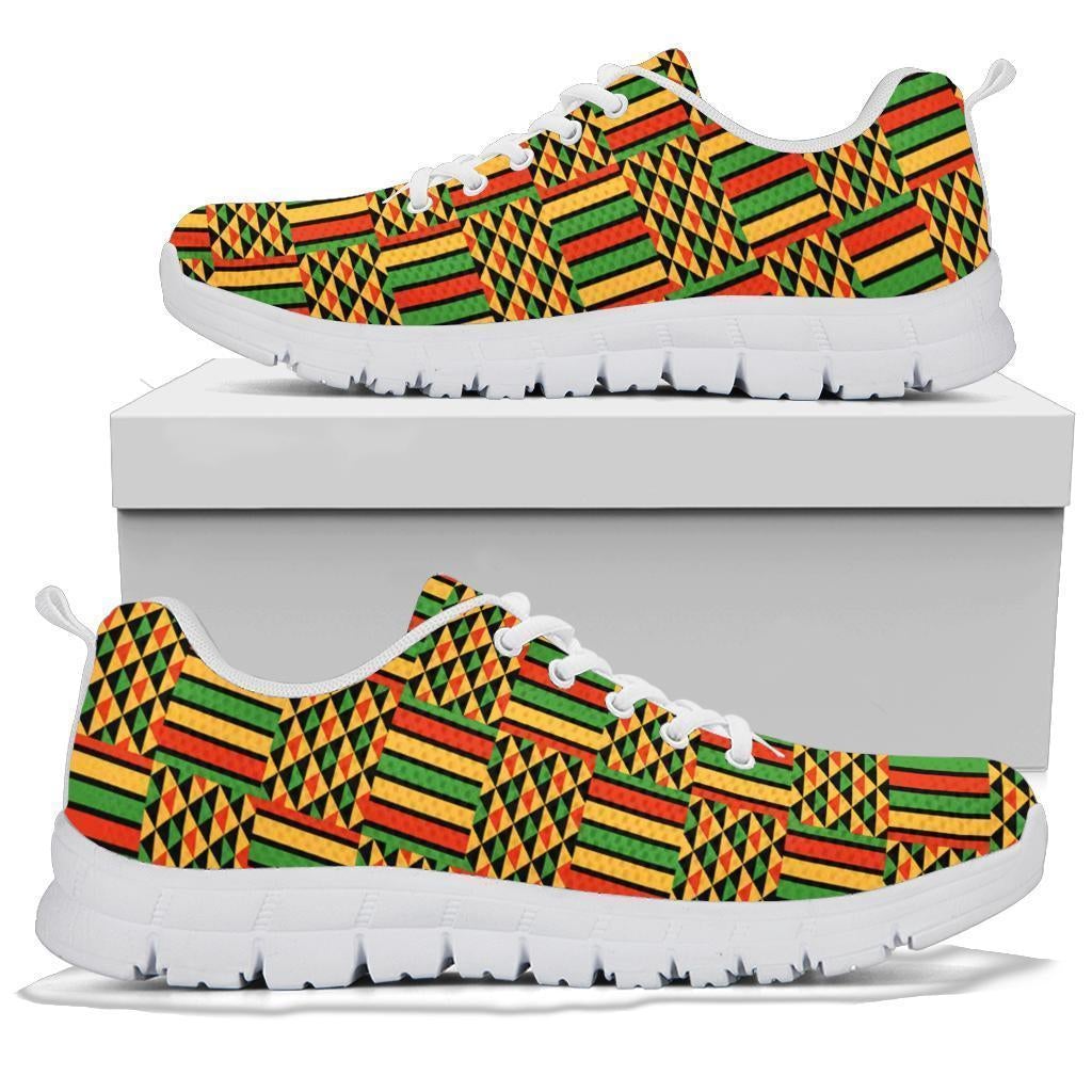 Kente sneakers side view with white sole, multicolor geometric upper and lace-up style