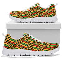 Kente sneakers side view with white sole, multicolor geometric upper and lace-up style