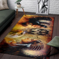 Rectangular Native-style wolf face and headdress design area rug, multicolor.