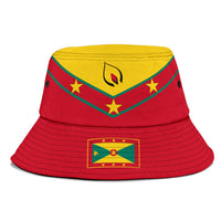 Red bucket hat with yellow crown, green stripe and stars; framed Grenada flag patch