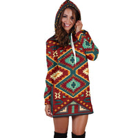 Colorful tribal hoodie dress with hood up, long sleeves, above-knee hem