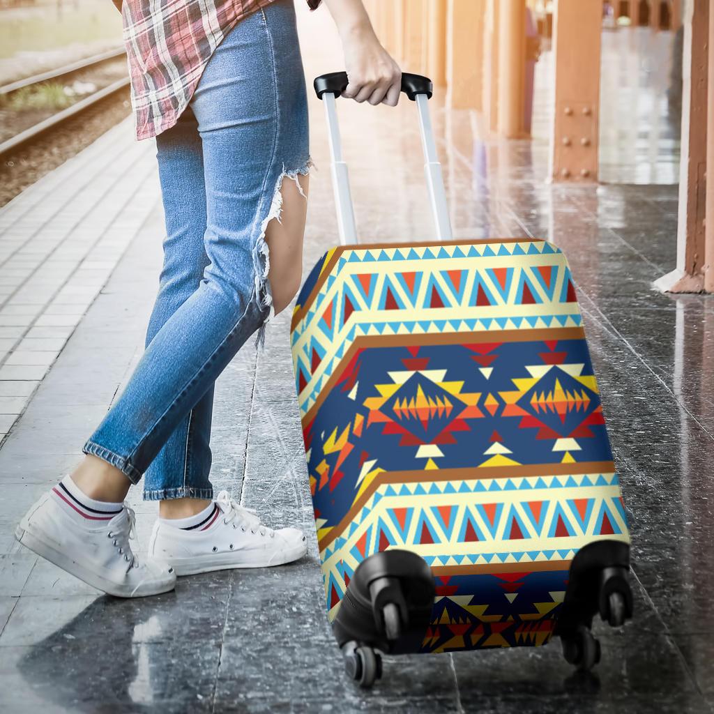 Multicolor tribal-pattern luggage cover on rolling suitcase, angled front corner