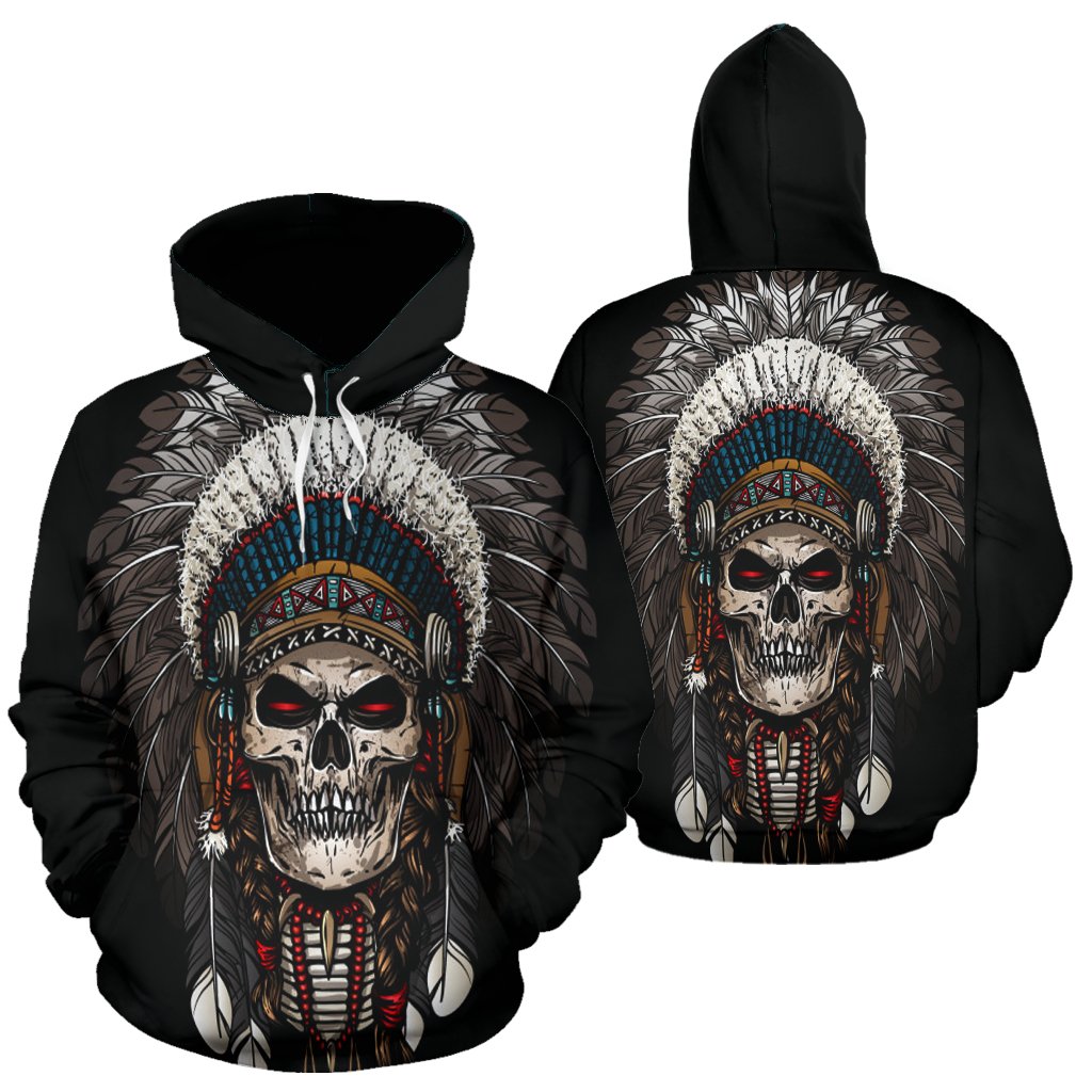 Black hoodie front and back shown with skull chief headdress artwork