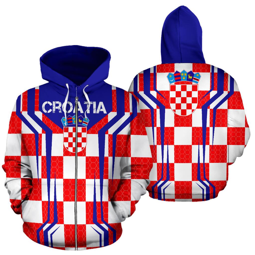 Zip hoodie s kapuljačom: crveno-bijeli uzorak i plavi detalji Hrvatske