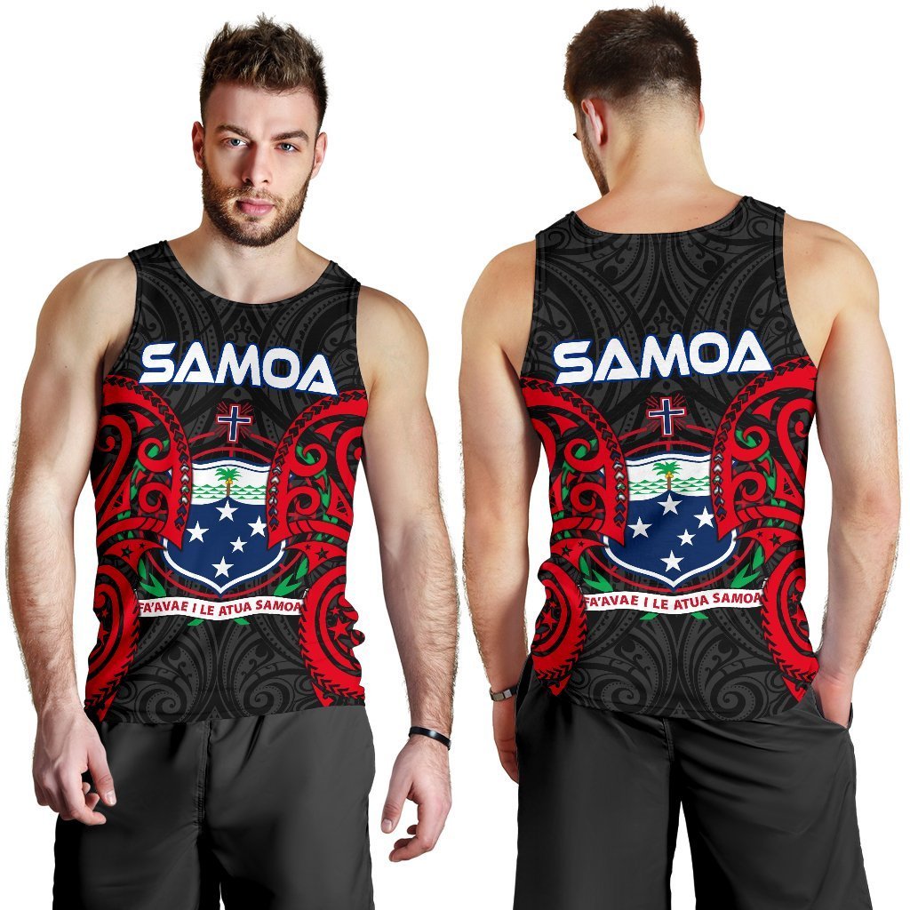 Men's black tank top with Samoa crest graphic and red tribal borders