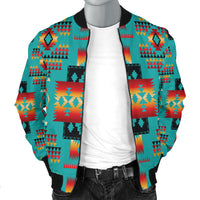 Bomber jacket front with black stand collar, teal tribal print and central zipper