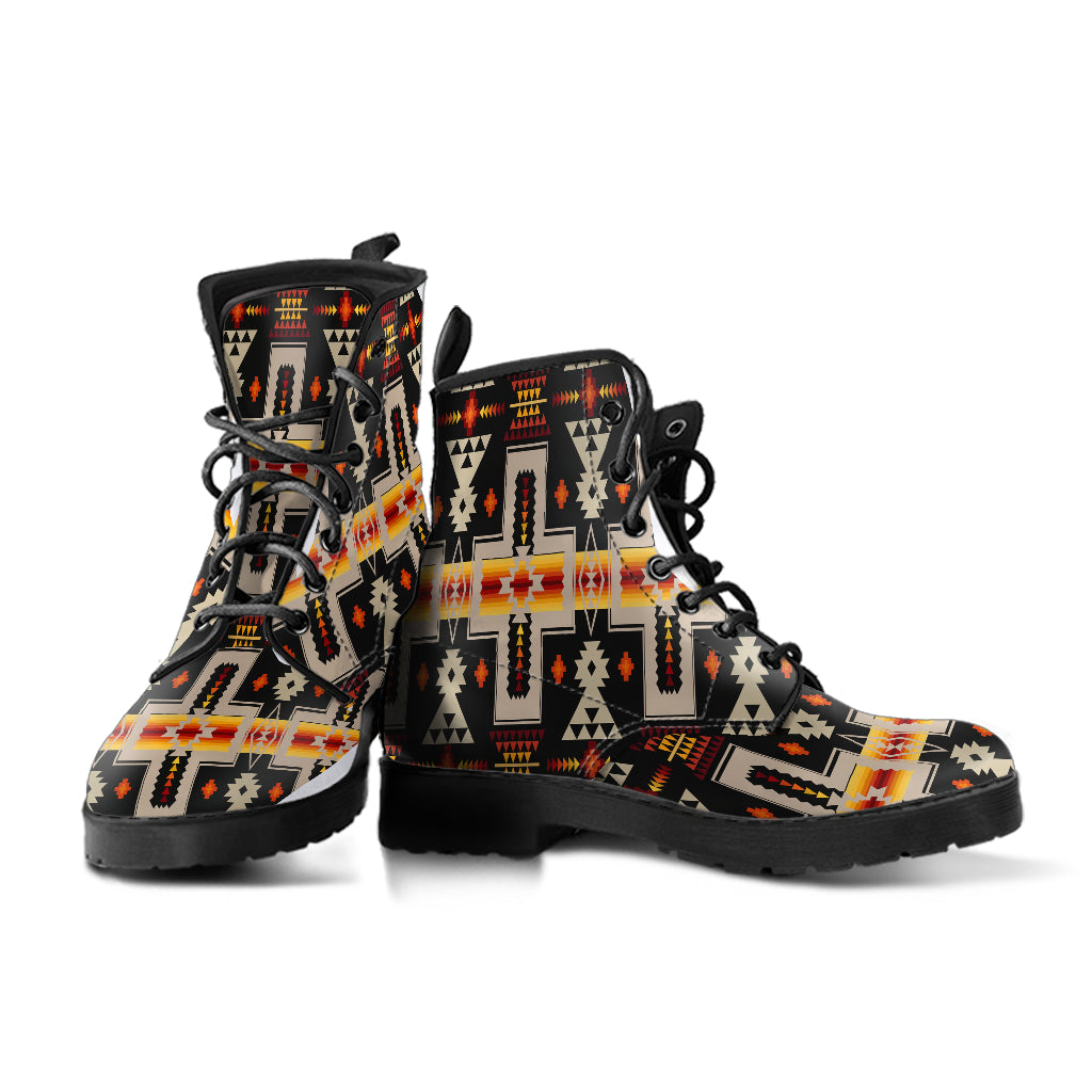 Native-style leather boots, angled front view with laces and chunky tread, multicolor