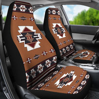 Tan and black car seat covers featuring large temple emblem with patterned stripes on two seats