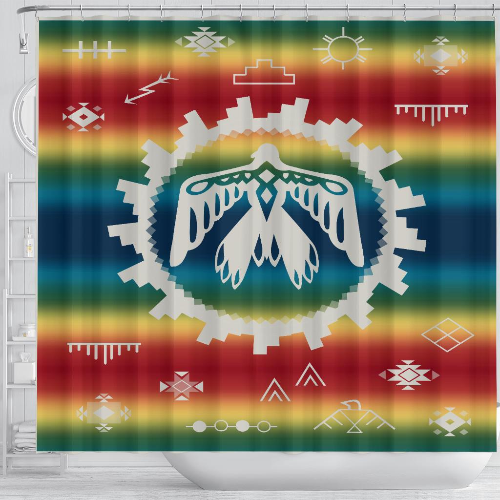 Rainbow Native shower curtain with sun and cross icons plus central blue feather emblem