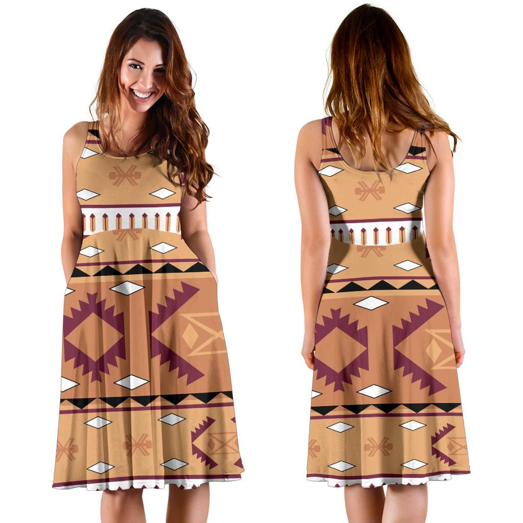 Set: front and back tan sleeveless A-line dress with purple geometric pattern