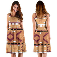 Set: front and back tan sleeveless A-line dress with purple geometric pattern