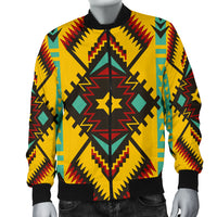 Multicolor abstract geometric ornament bomber jacket with black cuffs and zip front