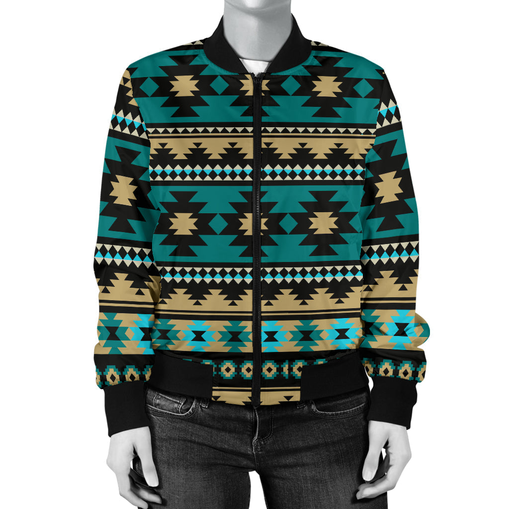 Front view teal Aztec bomber jacket with full zip and geometric yoke panels