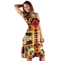 Side view of sleeveless fit-and-flare dress with multicolor geometric tribal 3D print