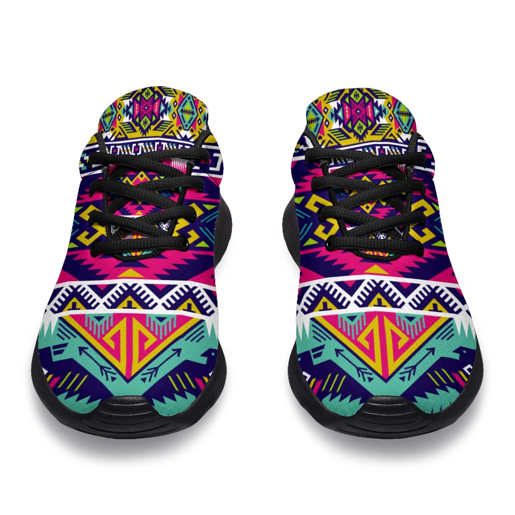 Front view of multicolor tribal sport sneakers with black laces and black rubber toe cap