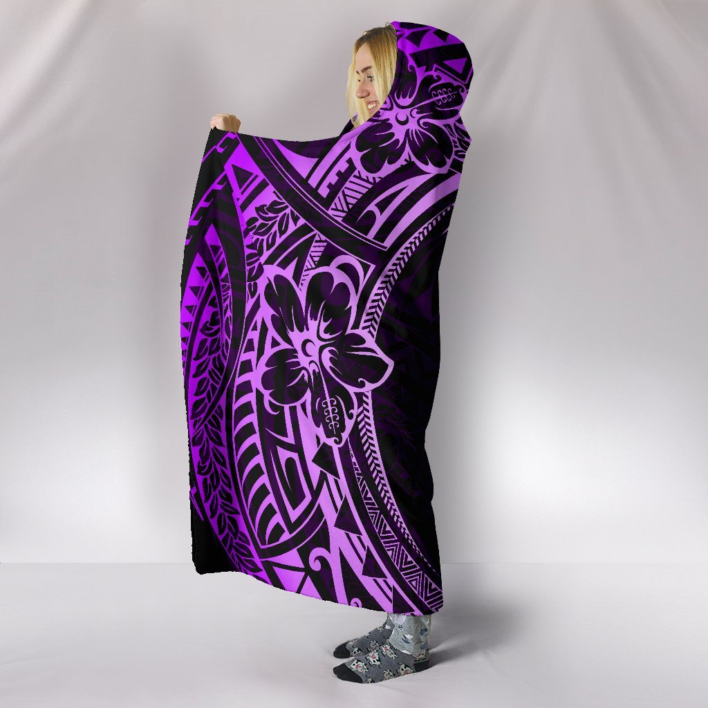 Purple hooded blanket side view with large neon-lilac tribal turtle motif