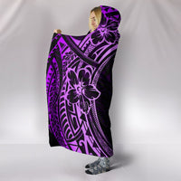 Purple hooded blanket side view with large neon-lilac tribal turtle motif