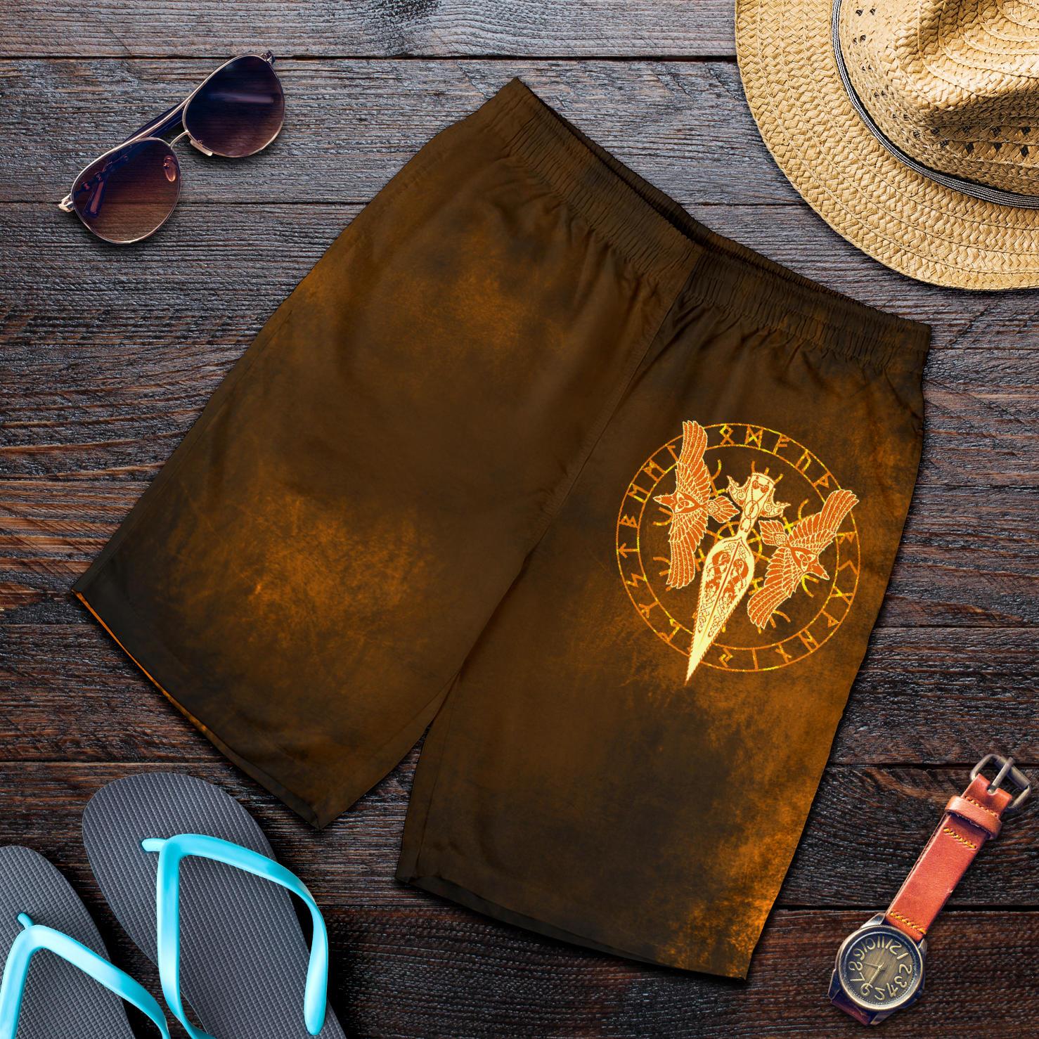 viking-all-over-print-mens-shorts-gold-spear-of-the-god-odin-gungnir-and-two-gold-ravens