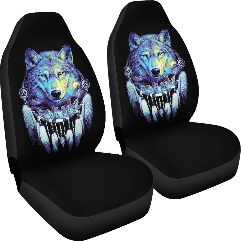 Black front seat covers with multicolor wolf head and dreamcatcher print