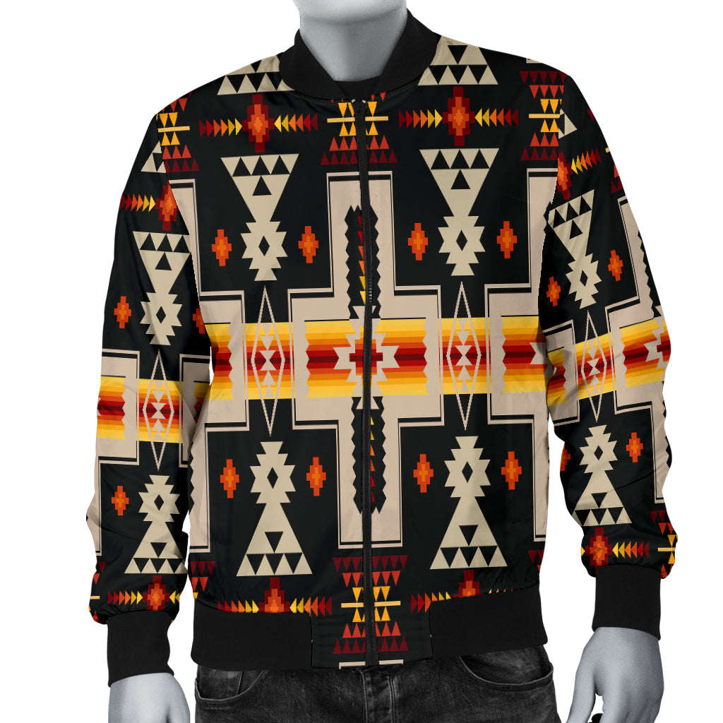 Bomberjacke mit schwarzen Bündchen, schwarz-buntem geometrischem Native-Design