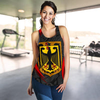 Black women’s racerback tank with large yellow crest shield graphic and red panel