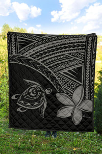 Black quilt with grey turtle and plumeria motif, bold tribal stripes and corner border