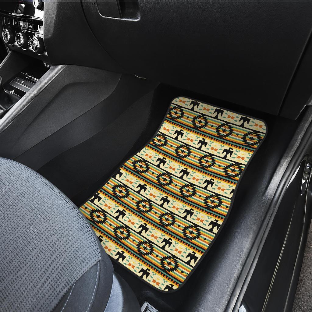 Single front car mat with colorful Native-style thunderbird geometric pattern
