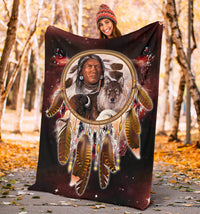 Red galaxy blanket featuring Native chief, wolf, and dreamcatcher motif