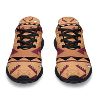 Front view native-style geometric sneakers in tan/purple/pink with black laces