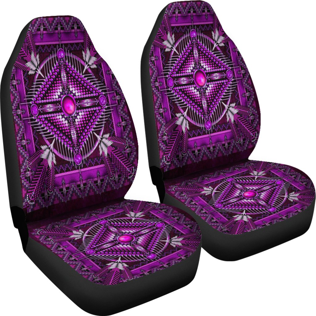 Purple Native American seat covers set, headrests and seat cushions with geometric motif