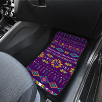 Purple multicolor geometric front car mat with zigzag borders and square motifs