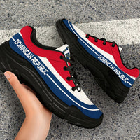 Dominican Republic chunky sneakers on feet, red white blue design, black sole