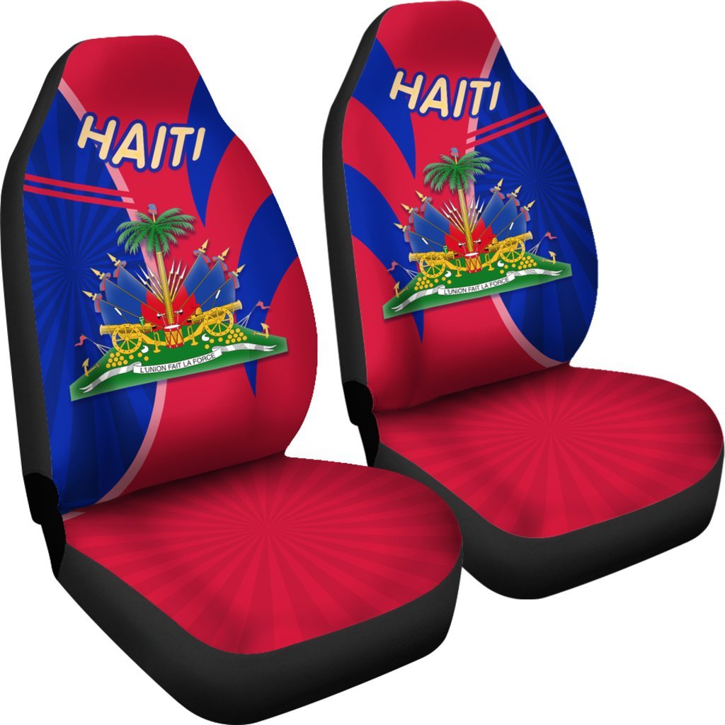 Haiti seat covers with circular red pattern on seat base, blue/red panels and HAITI text