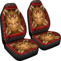Two red & black car seat covers featuring eagle mandala center panel and border trim