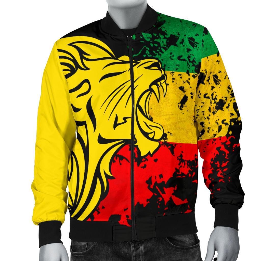 Reggae lion bomber jacket, front view with full-zip and black cuffs