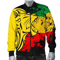 Reggae lion bomber jacket, front view with full-zip and black cuffs
